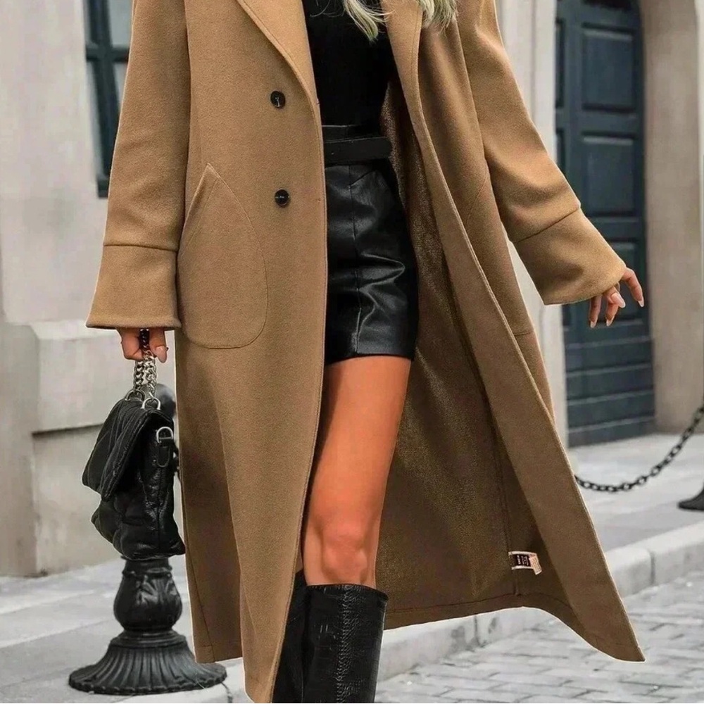 Khaki Casual Women's Pointed Collar Double-Breasted Coat